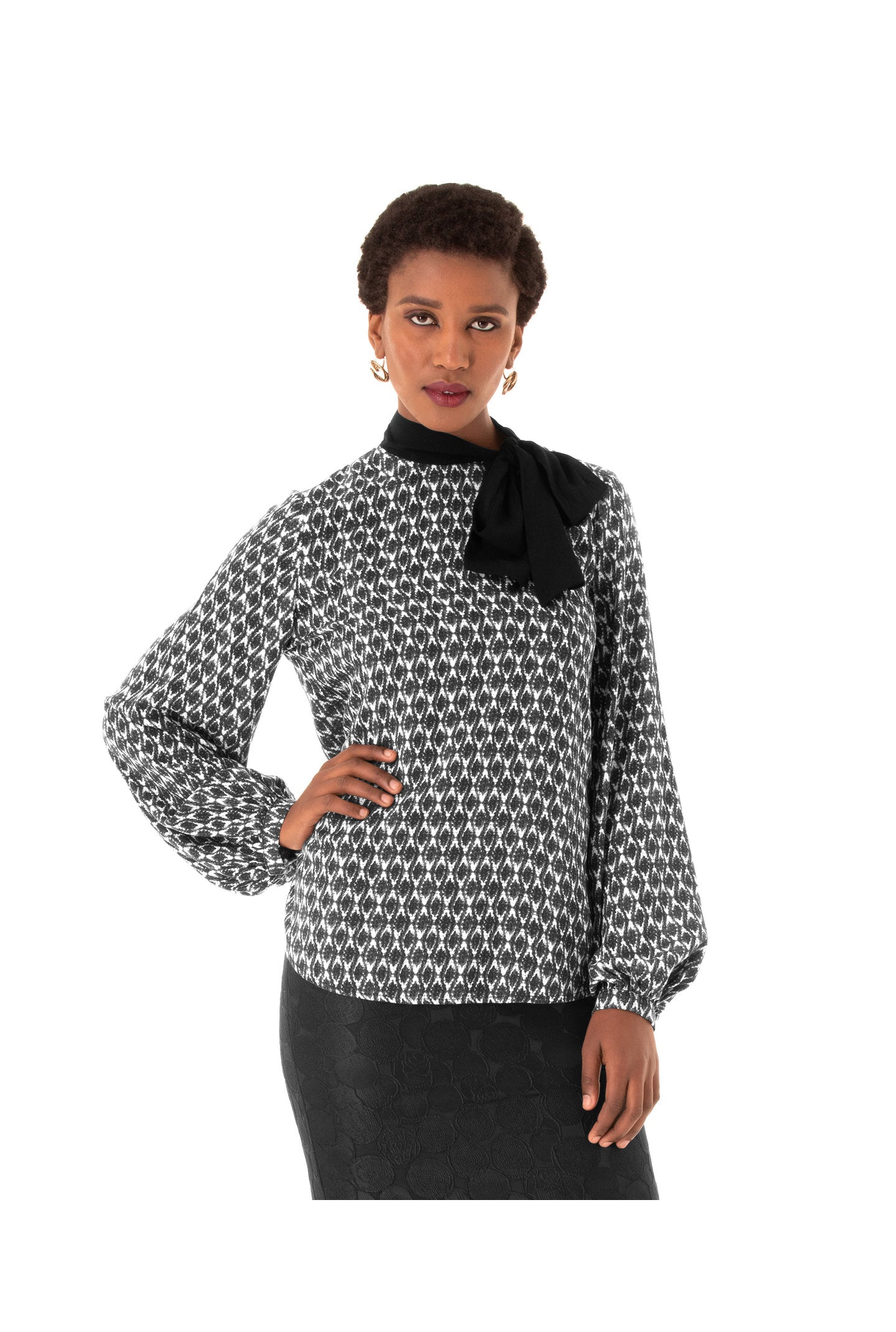 Owari Pussy Bow Top - Grey